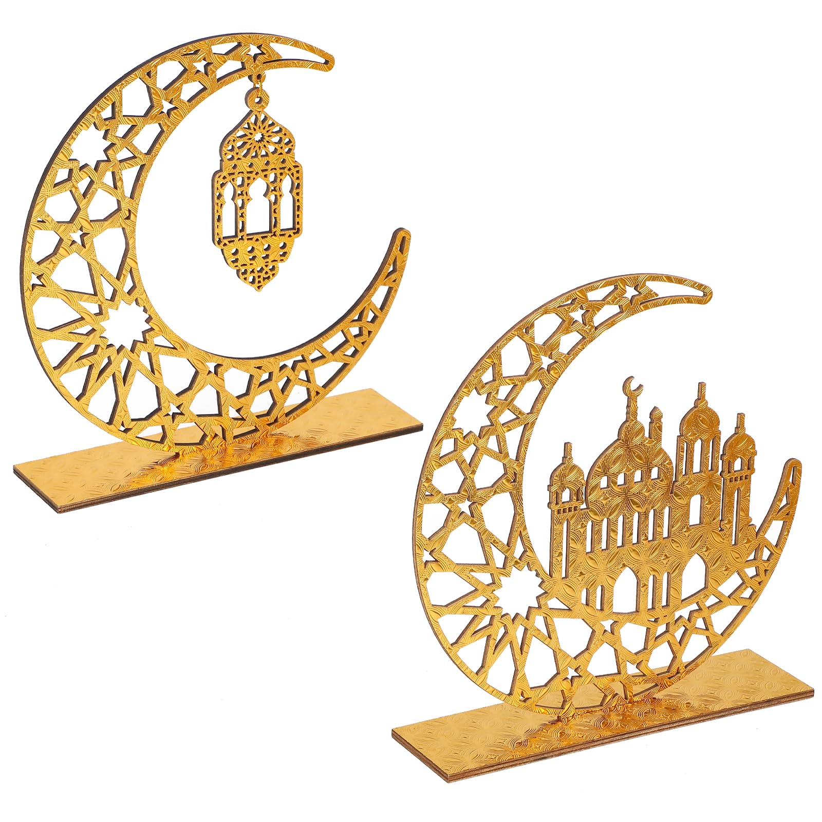 COCHIE Decorazioni Tavolo Eid Mubarak – Luna E Stella Cave In Legno Con Base, Set Da 2 Pezzi Per Ramadan